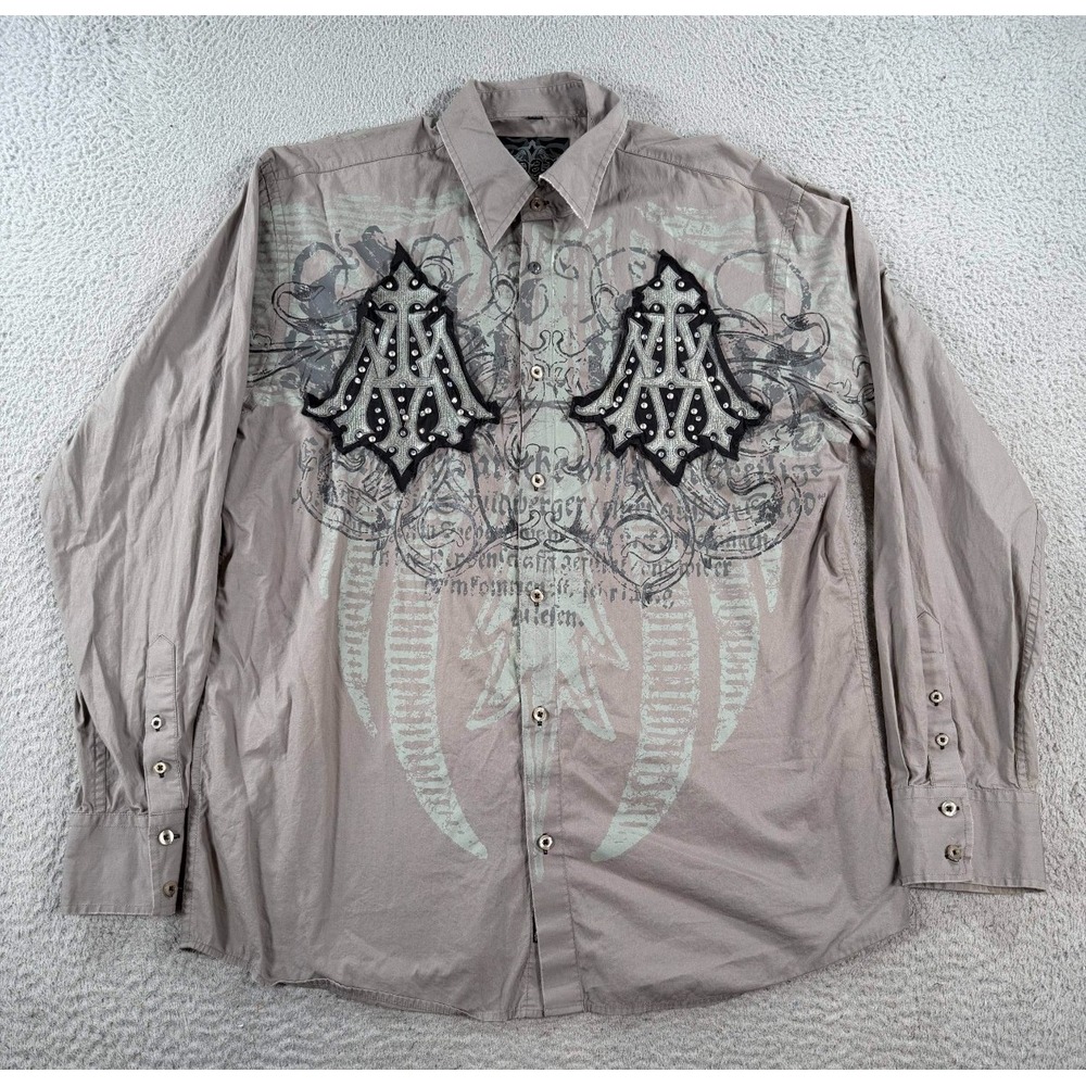 Roar Shirt Men's XL Gray Cross Embroidered Rhinestone Button Up Enough Excuses